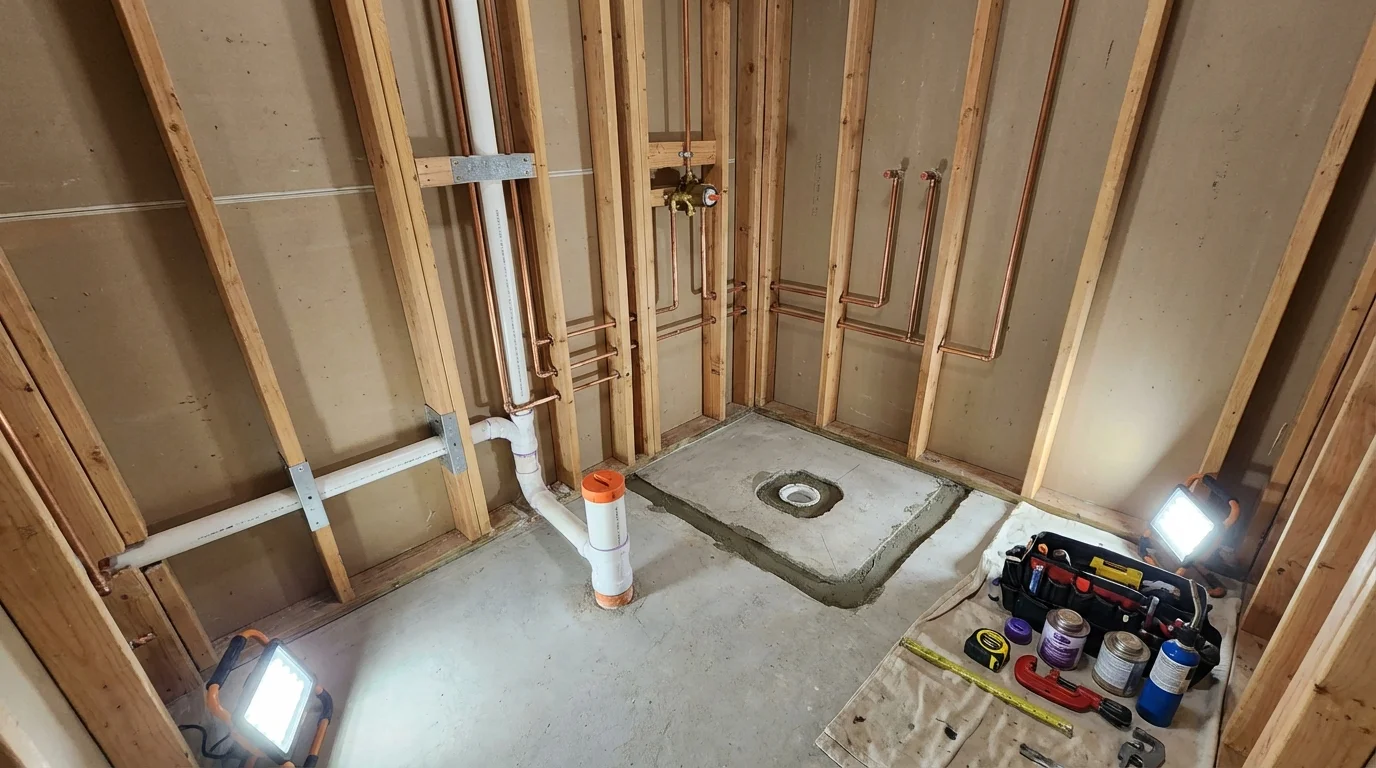 Bathroom rough-in plumbing during remodel by Johns Plumbing LLC in Notre Dame