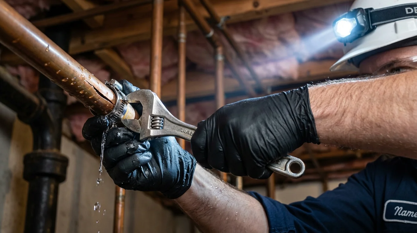Emergency pipe clamp repair being performed by a Johns Plumbing LLC plumber in Notre Dame