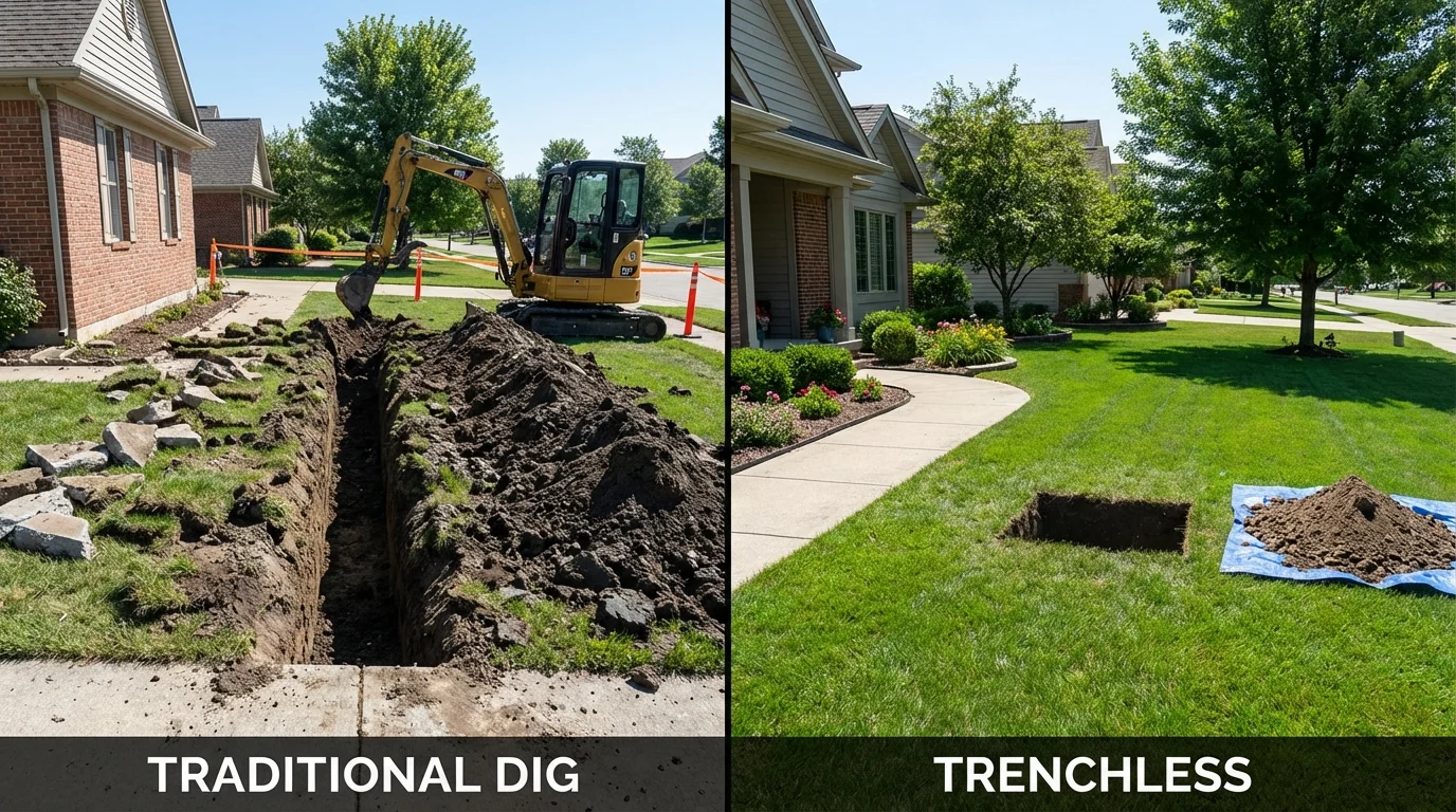 Trenchless sewer repair with minimal yard damage versus traditional excavation in Notre Dame, IN