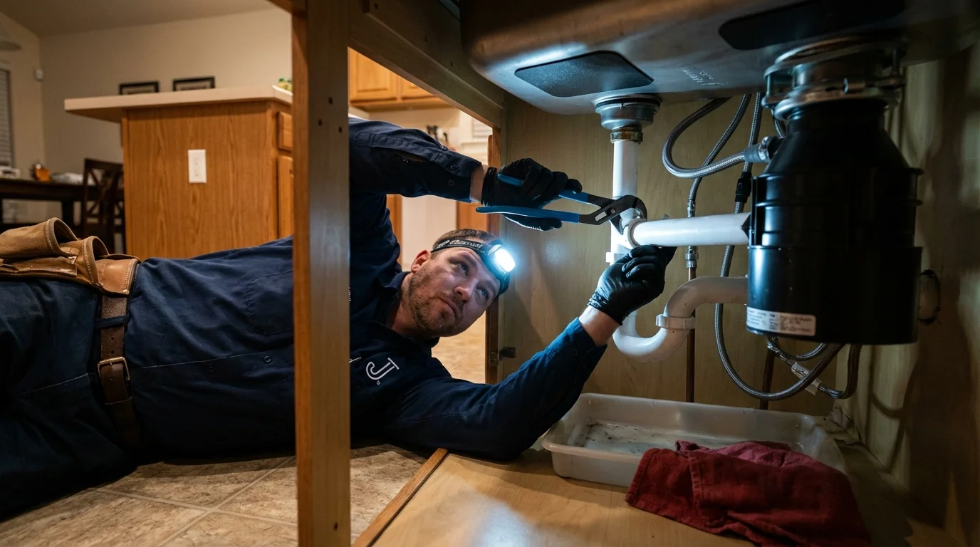 P-trap and supply line connections under a kitchen sink showing a common leak point in Notre Dame, IN